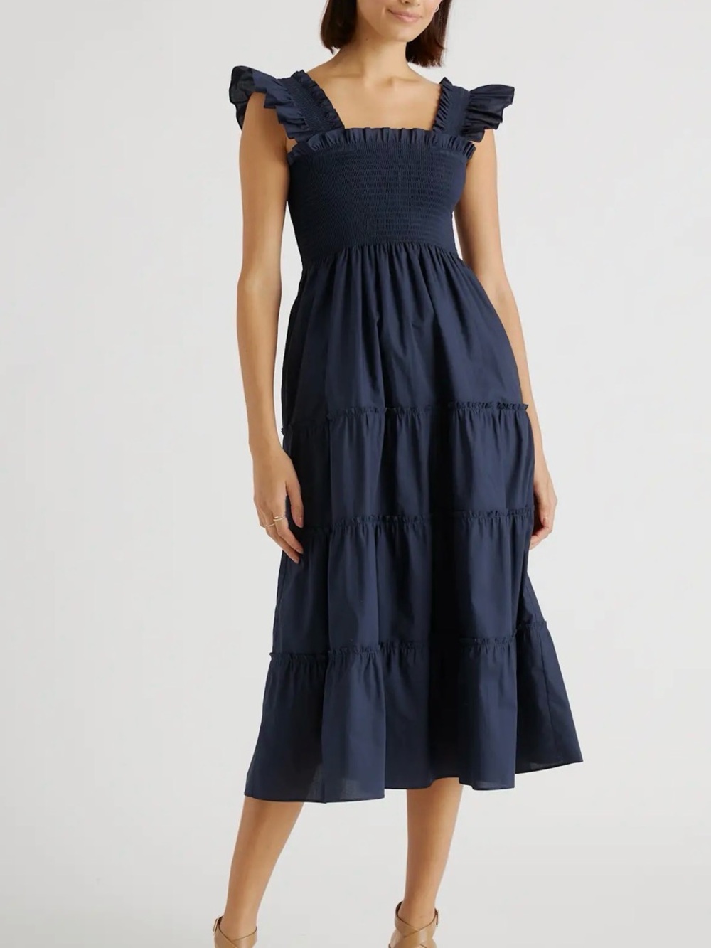 Quince Organic Cotton Poplin Smocked Midi Dress, Navy Blue, XS